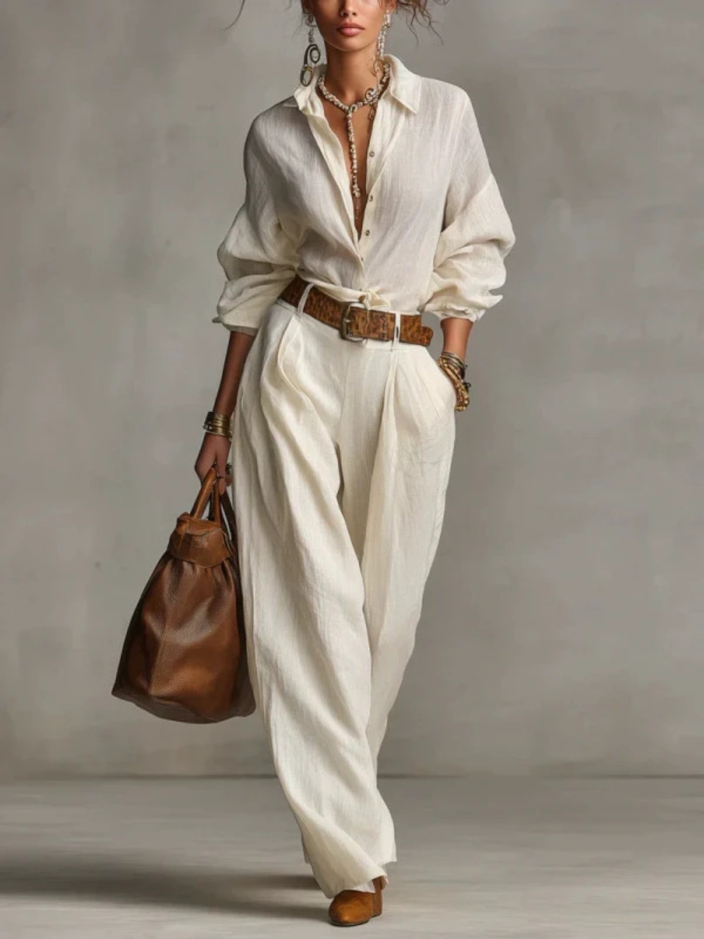 Long Sleeve Cotton Linen Pocket Button Trim Shirt Jumpsuit
